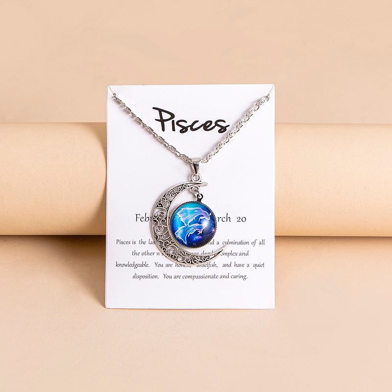 12 Zodiac Sign Moon Pendant Necklace with Glass Constellation Charm for Women and Girls