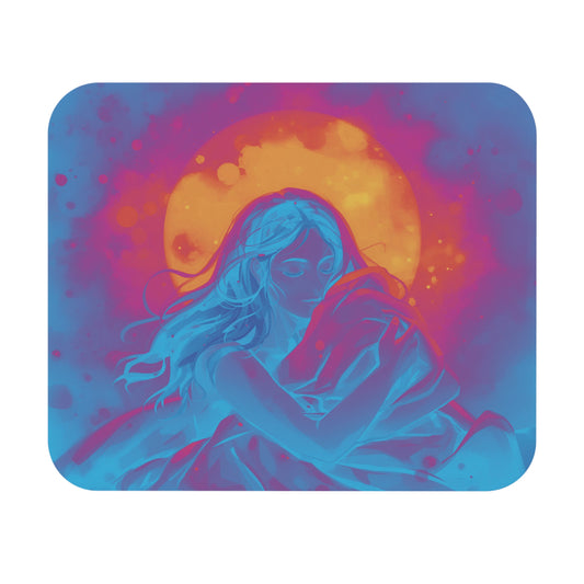 Dreamscape Embrace Mouse Pad — Neon Moonlight Art Desk Mat