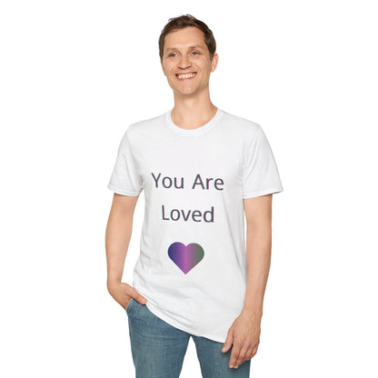A lovely young man wearing a white t-shirt with 'You Are Loved' text and a heart symbol on a white background