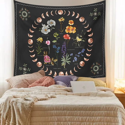 Botanical Celestial Moon Phase Tapestry Wall Hanging for Dorm Decor