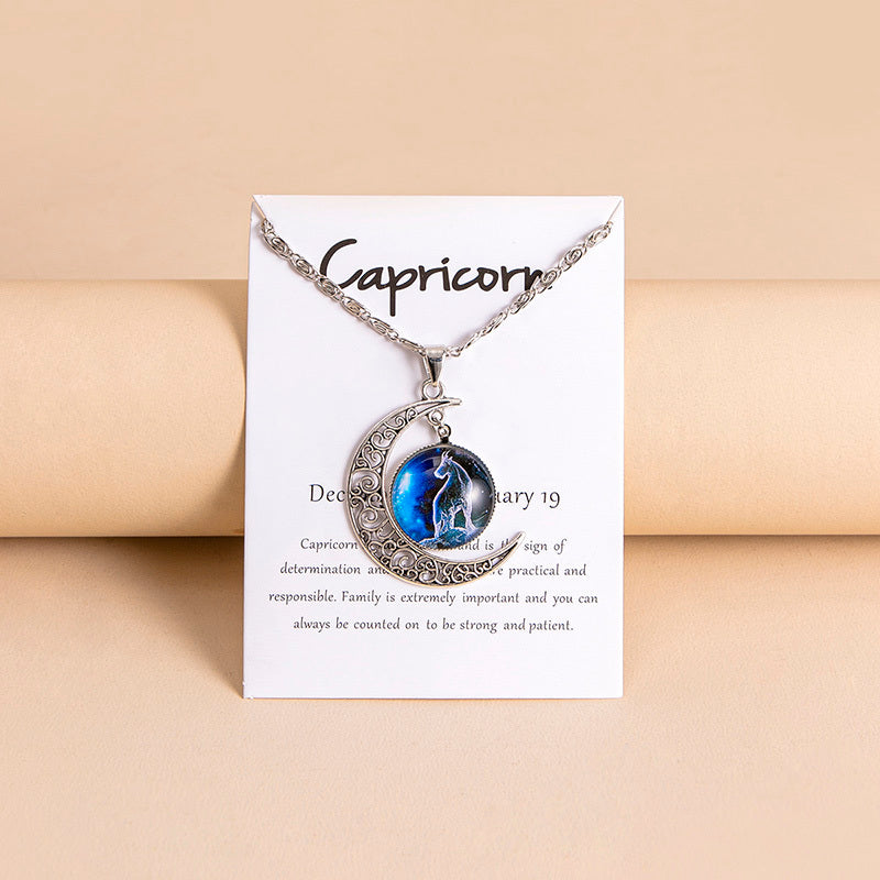 12 Zodiac Sign Moon Pendant Necklace with Glass Constellation Charm for Women and Girls