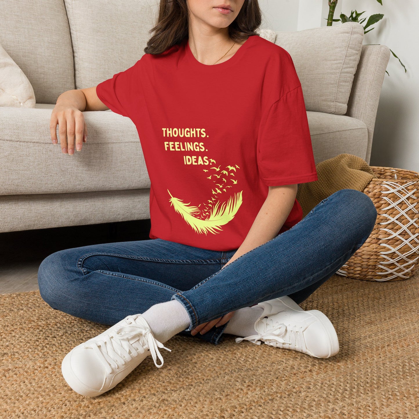 "Thoughts. Feelings. Ideas." — Unisex Softstyle T‑Shirt (Yellow Print)