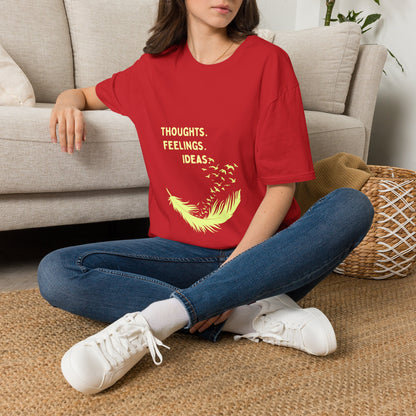 "Thoughts. Feelings. Ideas." — Unisex Softstyle T‑Shirt (Yellow Print)