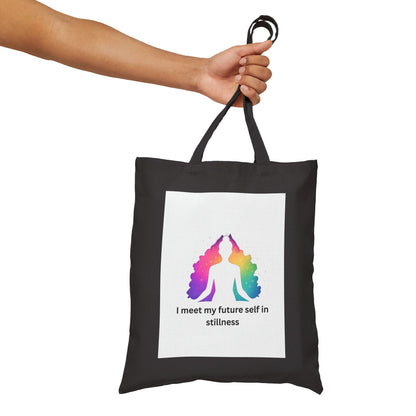 "I Meet My Future Self in Stillness" — Rainbow Meditation Canvas Tote Bag