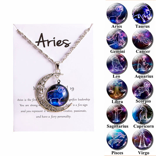 12 Zodiac Sign Moon Pendant Necklace with Glass Constellation Charm for Women and Girls