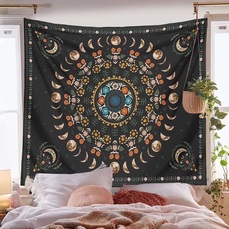 Botanical Celestial Moon Phase Tapestry Wall Hanging for Dorm Decor