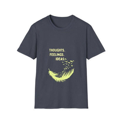 "Thoughts. Feelings. Ideas." — Unisex Softstyle T‑Shirt (Yellow Print)