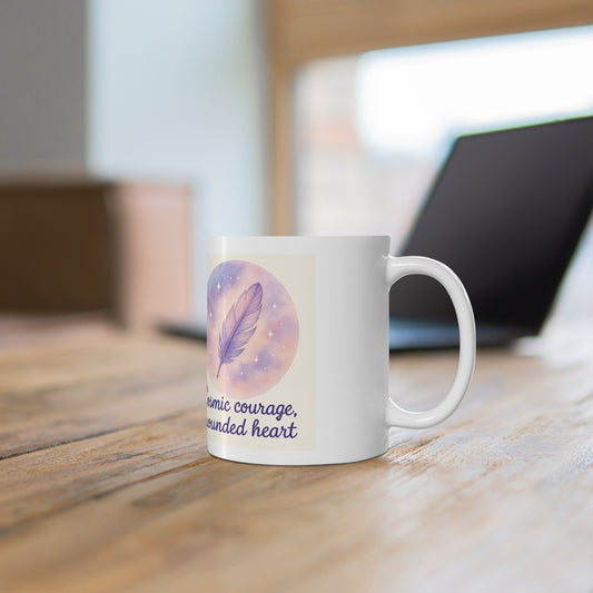 Cosmic Courage Feather Mug — 'Cosmic courage, grounded heart' Ceramic Coffee Cup