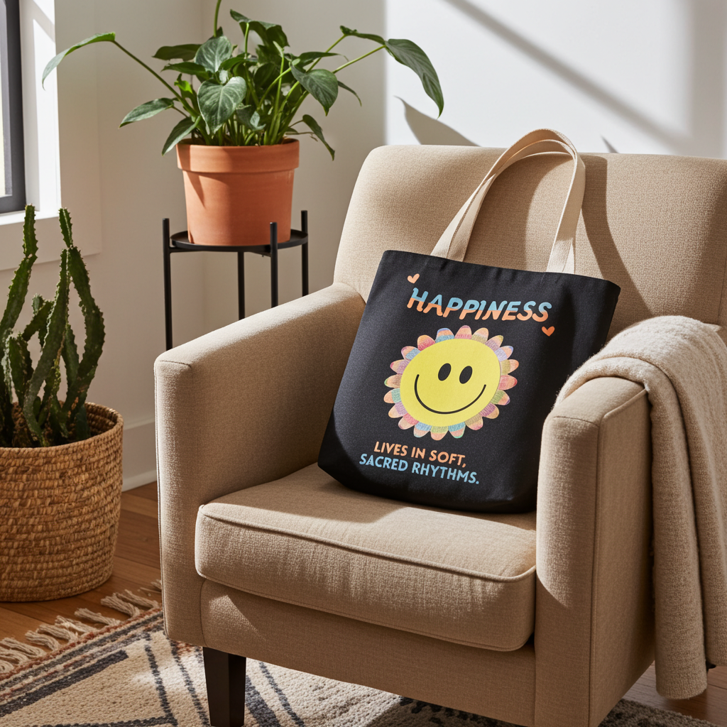 Happiness Smiley Flower Canvas Tote Bag Inspirational Slow Living Quote Bag