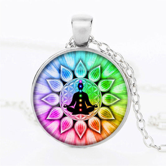 Yoga Chakra Mandala Glass Necklace Hinduism Buddhism Zen Jewelry