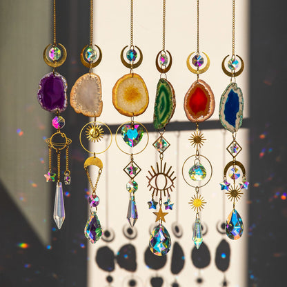 Agate Raw Stone Crystal Sun Catcher with Rainbow Prism Ball Available 