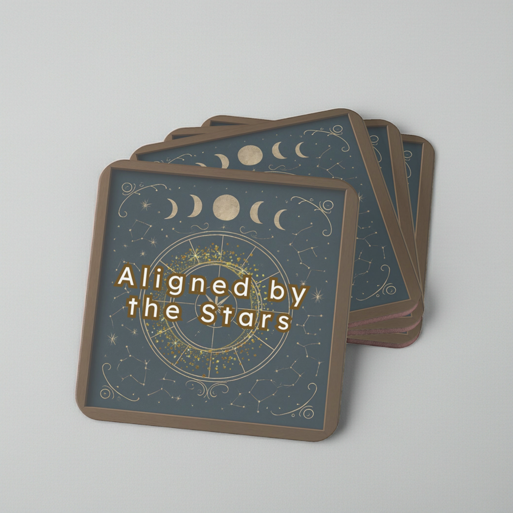 Stack of coasters with 'Aligned by the Stars' text on a gray background