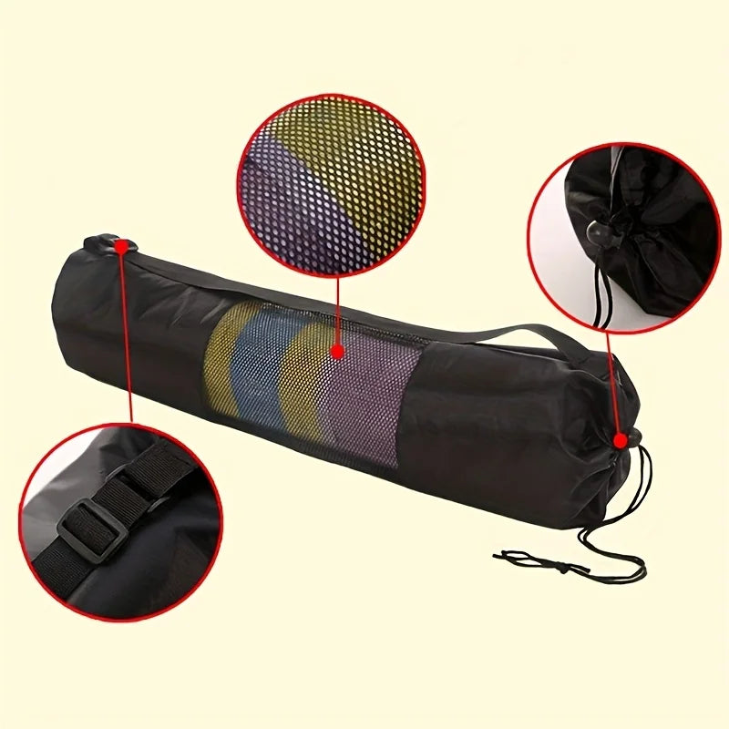 Black yoga mat bag with mesh side and drawstring closure on a beige background