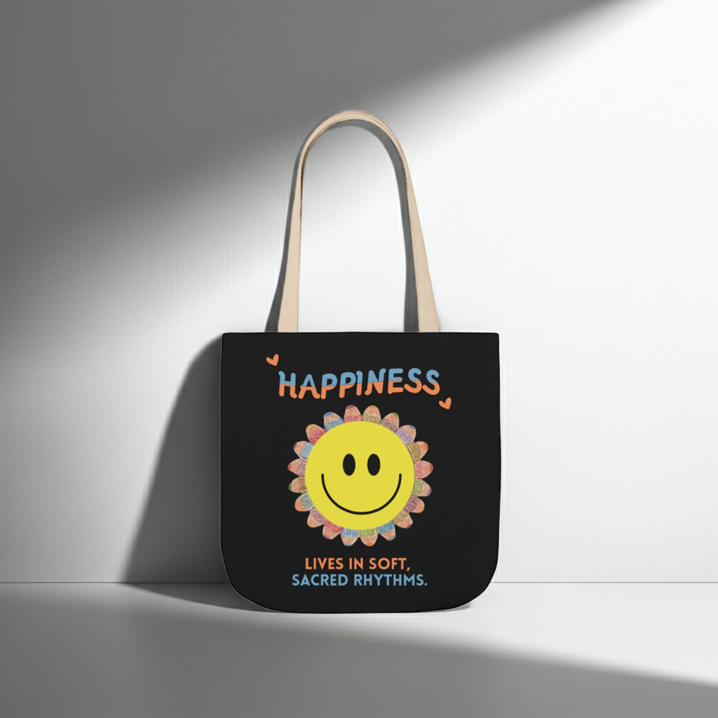Happiness Smiley Flower Canvas Tote Bag Inspirational Slow Living Quote Bag