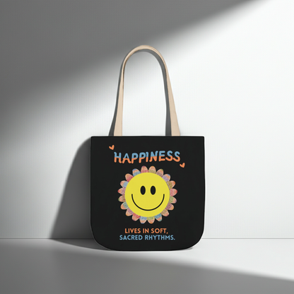 Happiness Smiley Flower Canvas Tote Bag Inspirational Slow Living Quote Bag