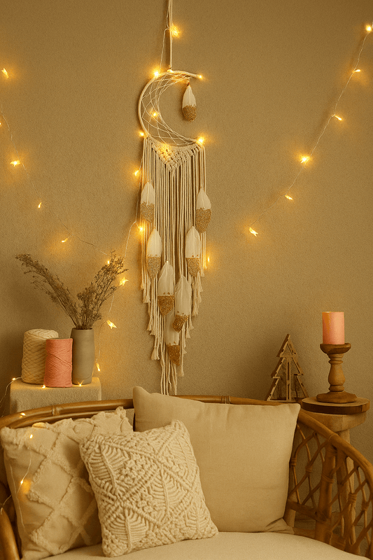 Crescent Moon Dream Catcher Wall Hanging Gold Cotton Thread Home Decor