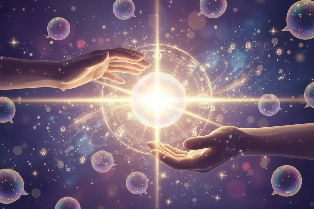 Two hands reaching toward a glowing orb of light, with a soft lavender‑gold communication icon (speech bubble or envelope) Floating around the orb. Surrounding the orb are subtle cosmic symbols and gentle energy rings. A beam of light connects the hands to the icon, symbolising clear, kind communication. Background is a dreamy gradient of purples and blues with sparkles and soft bokeh. Magical, spiritual, modern New Age aesthetic.