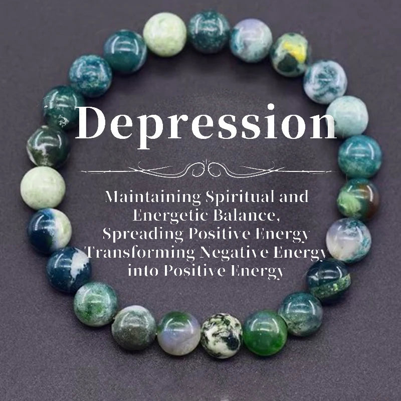 Green and white beaded bracelet on a dark background with text about depression and energy balance.