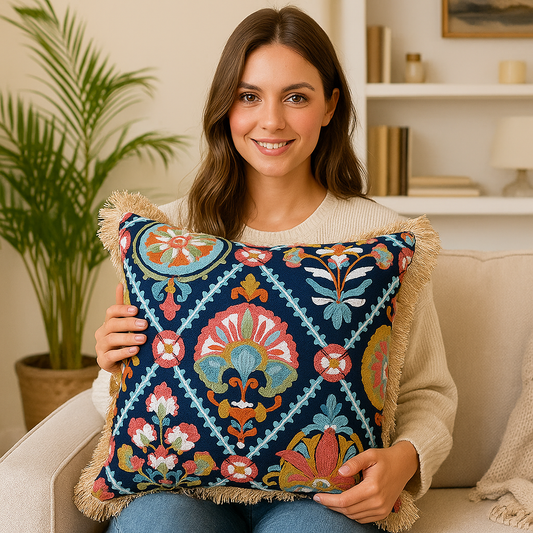 Embroidered Fringe Boho Pillowcase – Vintage Cotton Cushion Cover