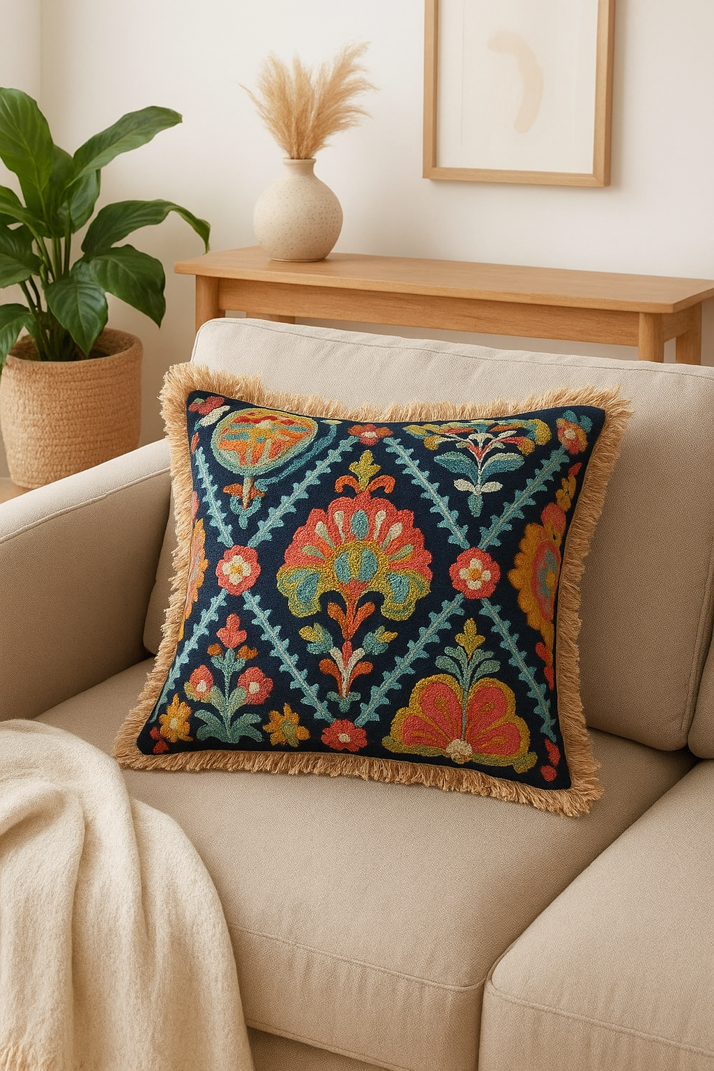 Embroidered Fringe Boho Pillowcase – Vintage Cotton Cushion Cover