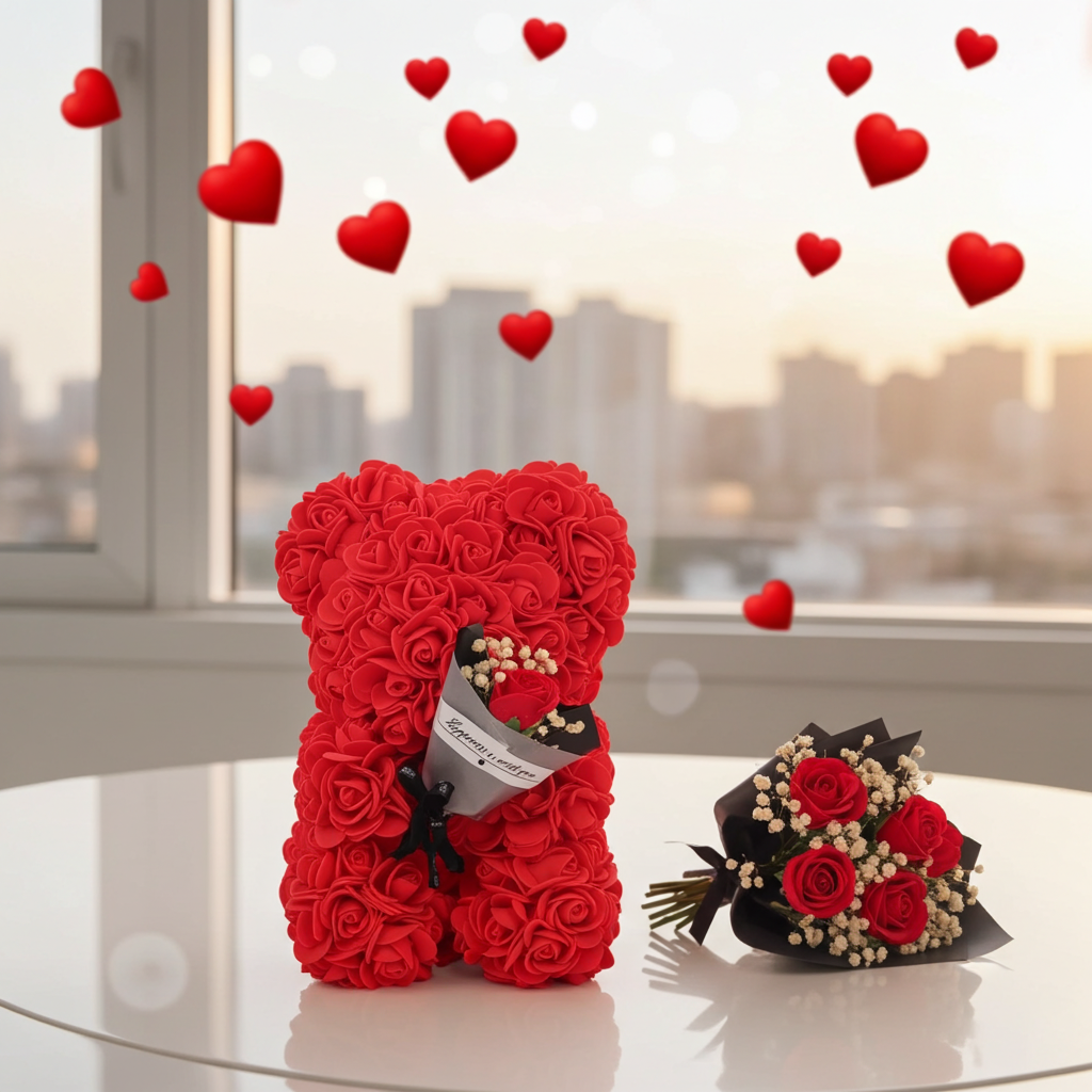Eternal Rose Teddy Bear Artificial Flower Gift for Mom Valentine’s Day and Anniversary Decor