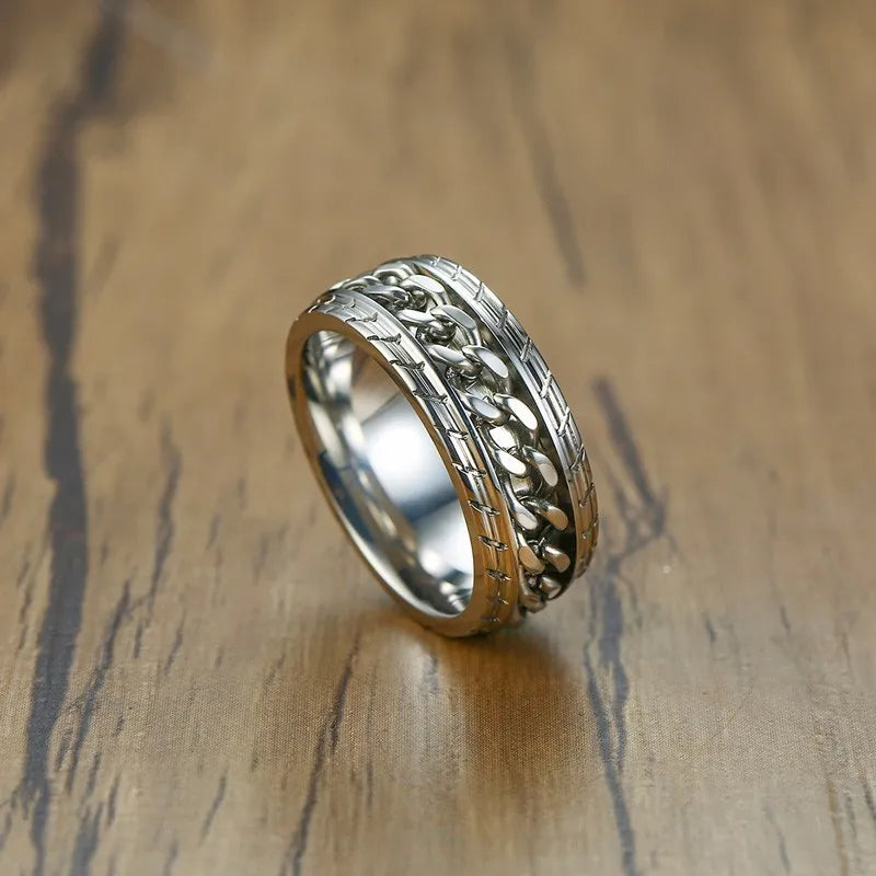 Stainless Steel  Spinner Ring with Silver Curb Chain