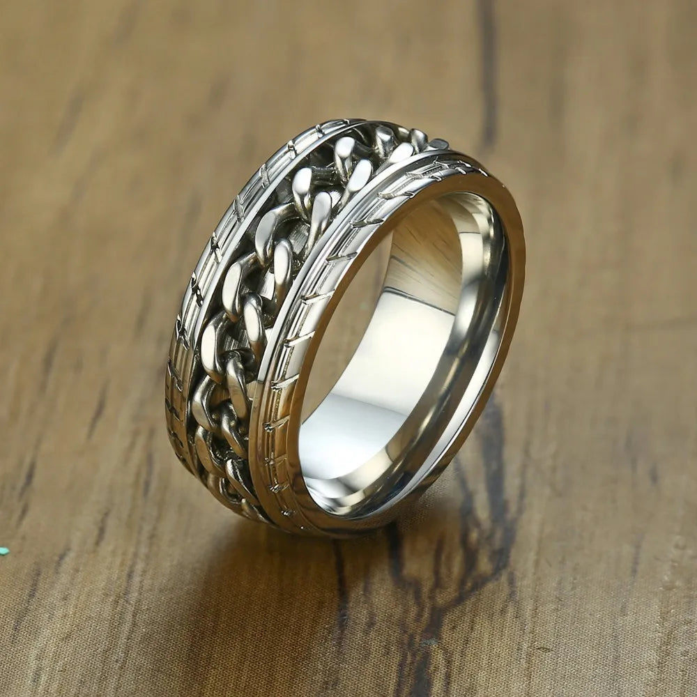 Stainless Steel  Spinner Ring with Silver Curb Chain