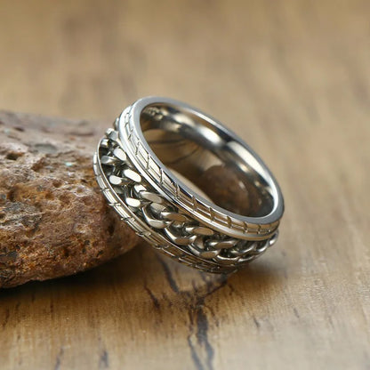 Stainless Steel  Spinner Ring with Silver Curb Chain