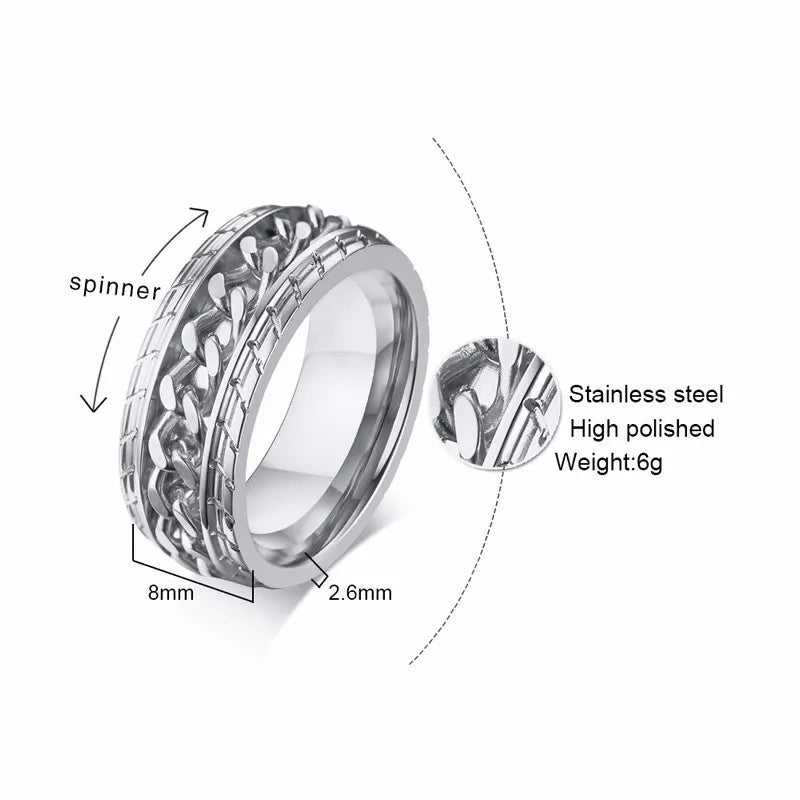 Stainless Steel  Spinner Ring with Silver Curb Chain