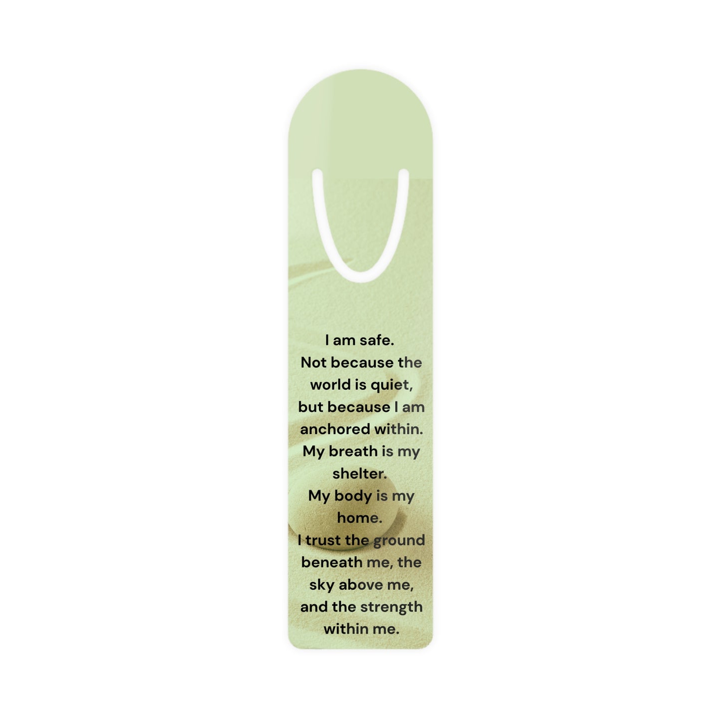 Green bookmark with text on a white background