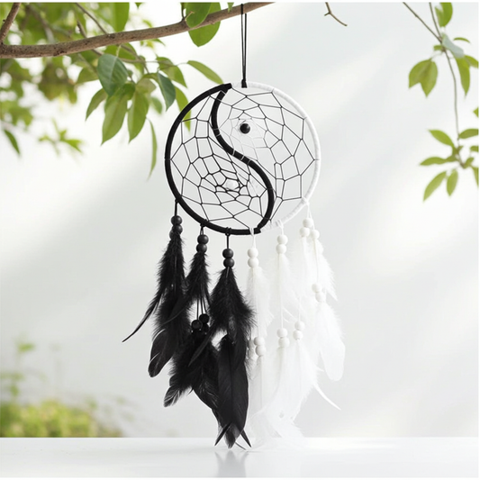 Yin and Yang Feather Dream Catchers Black and White Spiritual Wall Decor