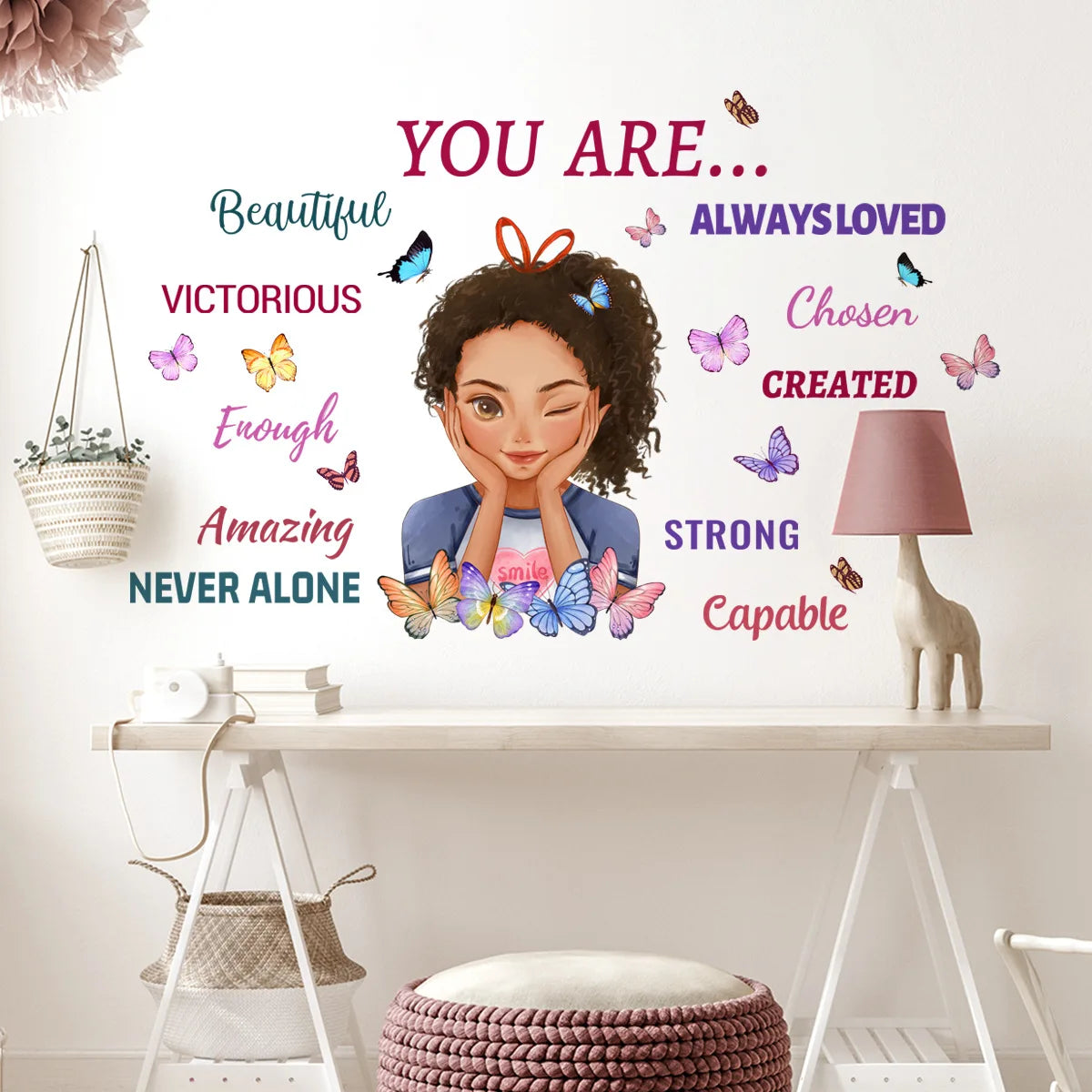 Inspirational Little Girl Butterfly Wall Sticker – Self-Adhesive PVC Decor for Kids' Room or Kitchen Wall, Featuring Motivational Quote and Whimsical Design