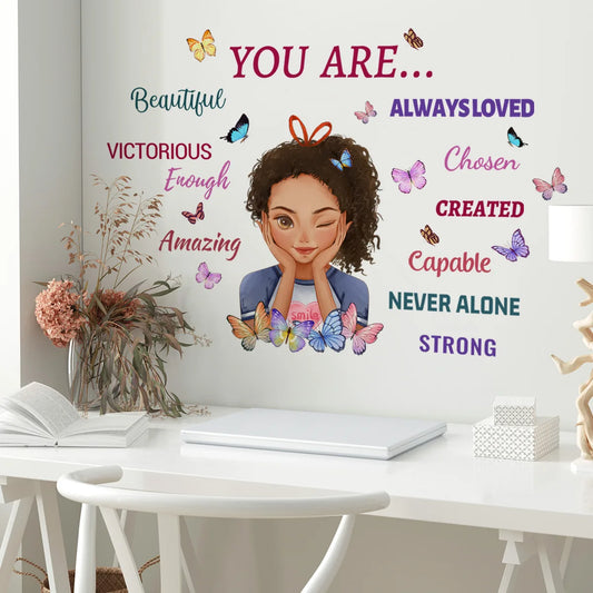 Inspirational Little Girl Butterfly Wall Sticker – Self-Adhesive PVC Decor for Kids' Room or Kitchen Wall, Featuring Motivational Quote and Whimsical Design