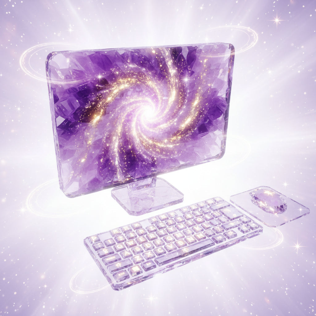 A mystical computer made entirely of crystals. The monitor is a glowing amethyst slab, the keyboard carved from clear quartz with soft rune symbols, and the mouse a polished crystal. Gentle lavender and gold aura light surrounds the setup. Cosmic sparkles and subtle energy rings float around it. Clean white or pastel cosmic background. Magical, spiritual, modern New Age aesthetic.