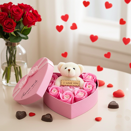 Plush Bear Gift Box with Soap Rose Flowers and 24K Gold Foil Rose Romantic Keepsake
