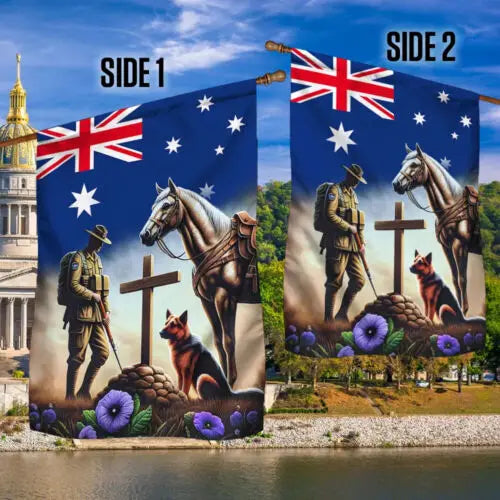 Anzac Day Animals in War Purple Poppy Garden Flag