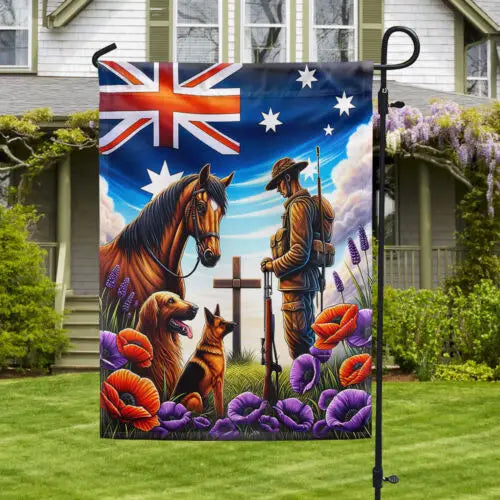 Anzac Day Animals in War Purple Poppy Australia Flag Garden Flag - House Flag