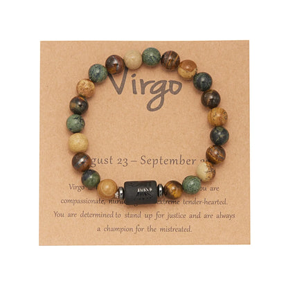 Beaded bracelet on a 'Virgo' themed card with astrological information.
