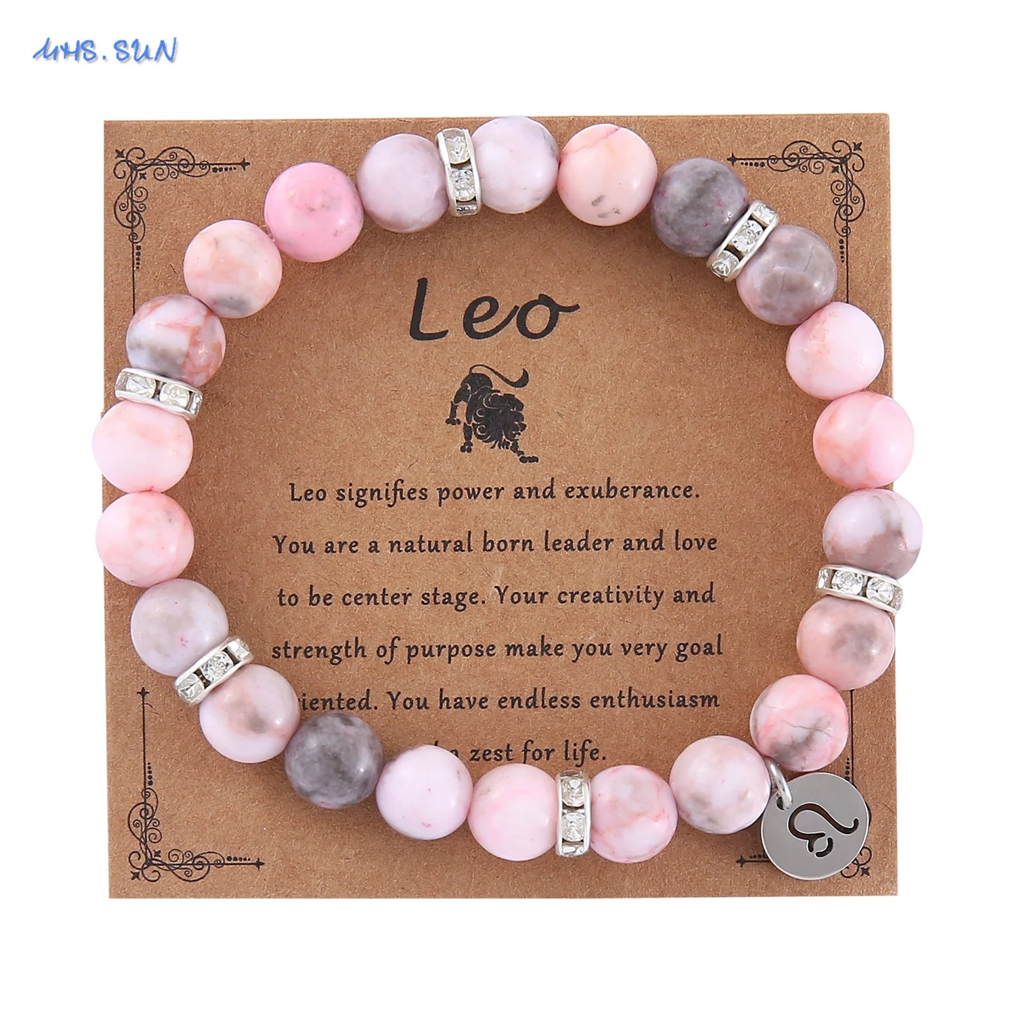 12 Zodiac Sign Pink Zebra Stone Beaded Bracelet with Zircon | Constellation Jewelry