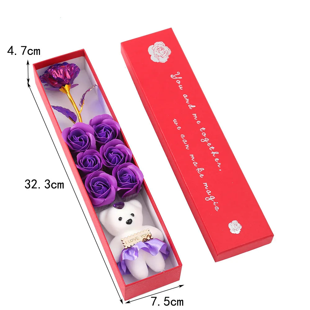 Luxury Soap Rose Gift Box with Plush Bear Elegant Artificial Flower Keepsake