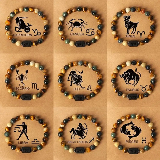12 Zodiac Signs Constellation Bracelet – Tiger Eye Stone Beaded Jewelry for Men and Women