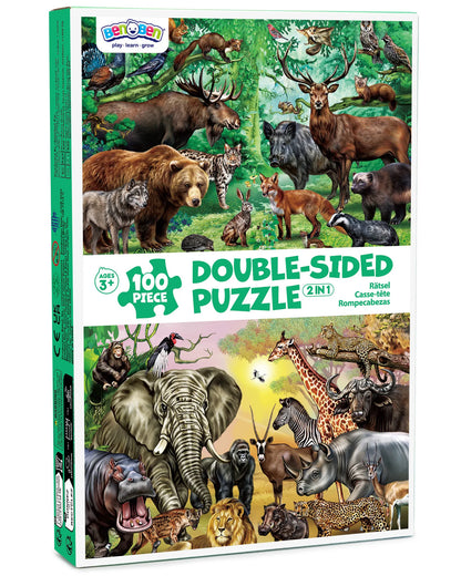 Double‑Sided 100‑Piece Puzzle, 2‑in‑1 Wild Animals Educational Jigsaw Puzzle