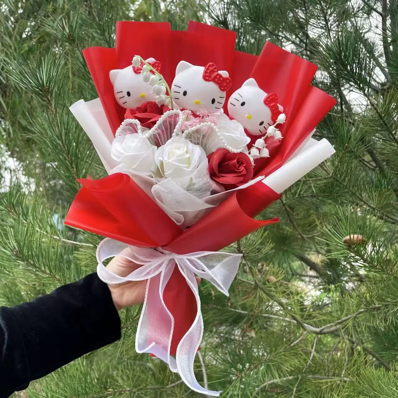 Hello Kitty Sanrio Plush Bouquet Doll with Artificial Flowers Kawaii Gift 35 cm