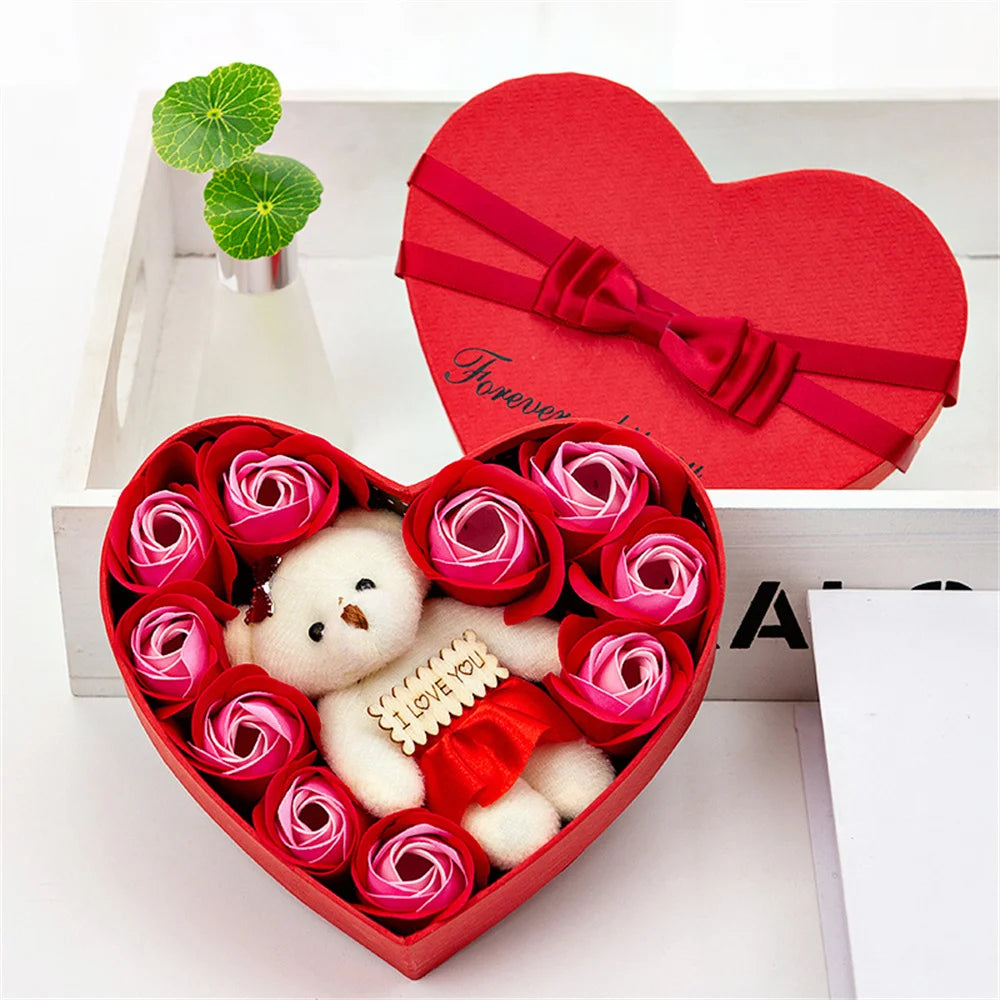 Plush Bear Gift Box with Soap Rose Flowers and 24K Gold Foil Rose Romantic Keepsake