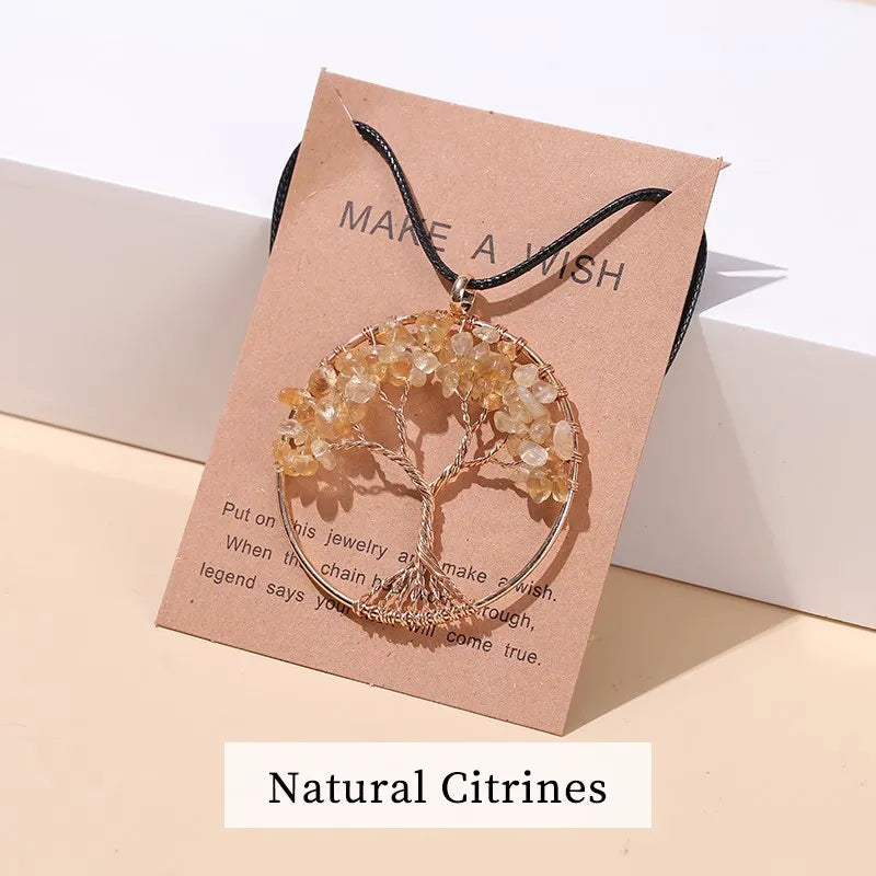 7 Chakras Tree of Life Pendant Necklace Gold Crystal Beads Reiki Healing Jewelry
