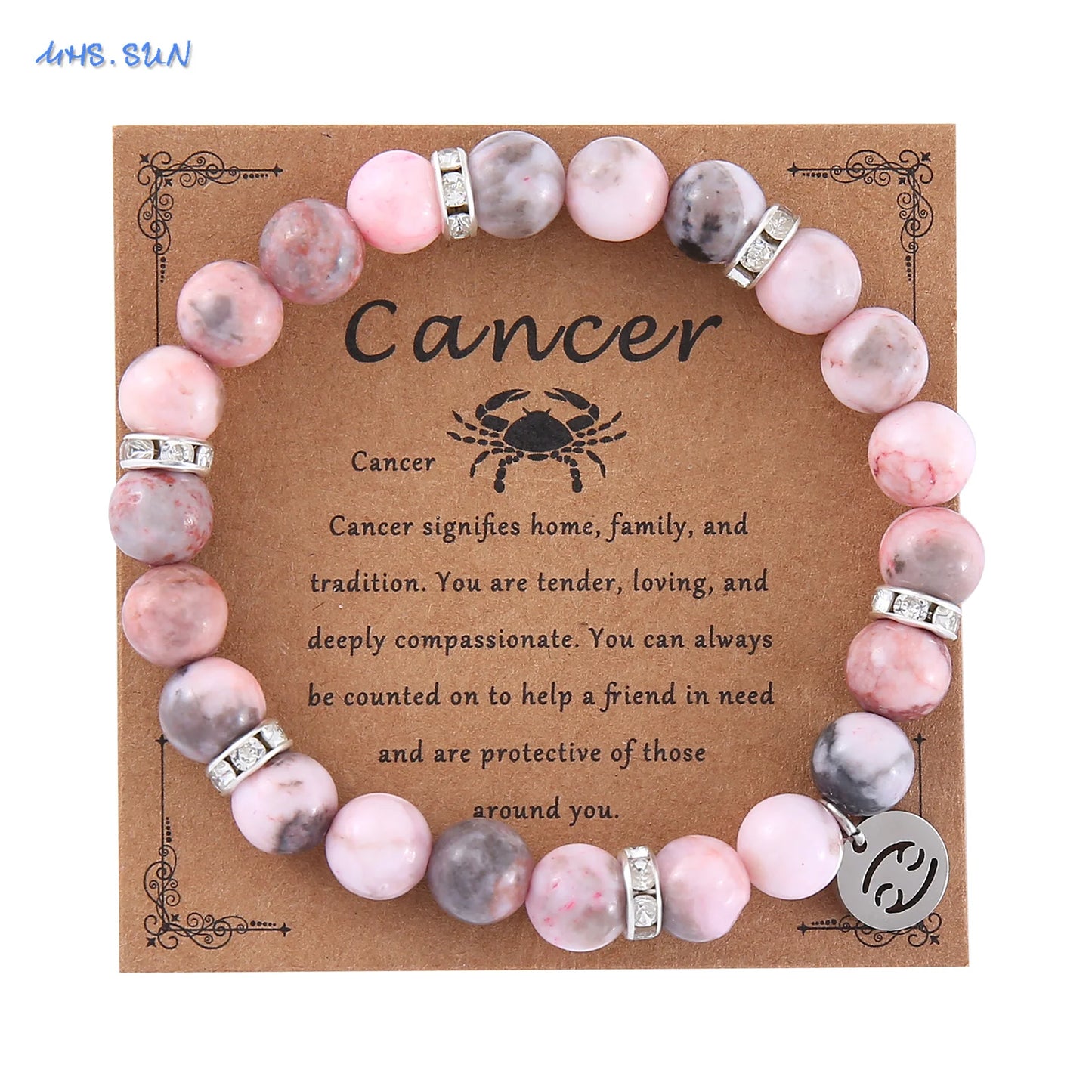 12 Zodiac Sign Pink Zebra Stone Beaded Bracelet with Zircon | Constellation Jewelry