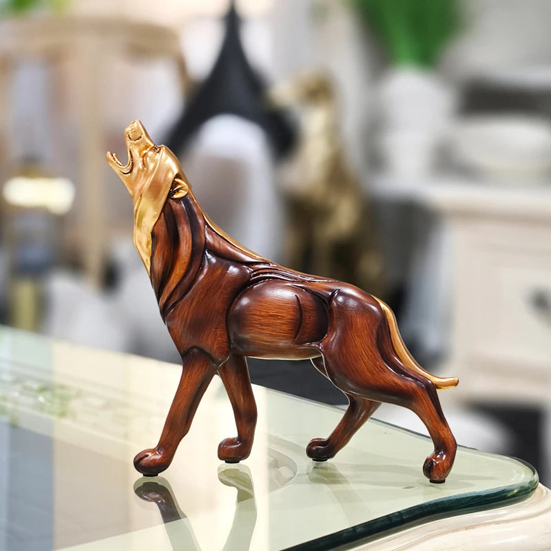 Wood Grain Howling Wolf Resin Sculpture