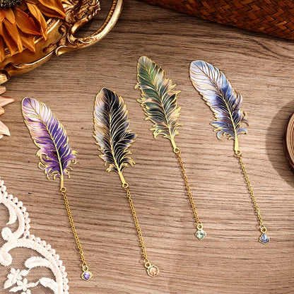 Colorful Feather Metal Bookmark with Pendant – Elegant Gift for Book Lovers