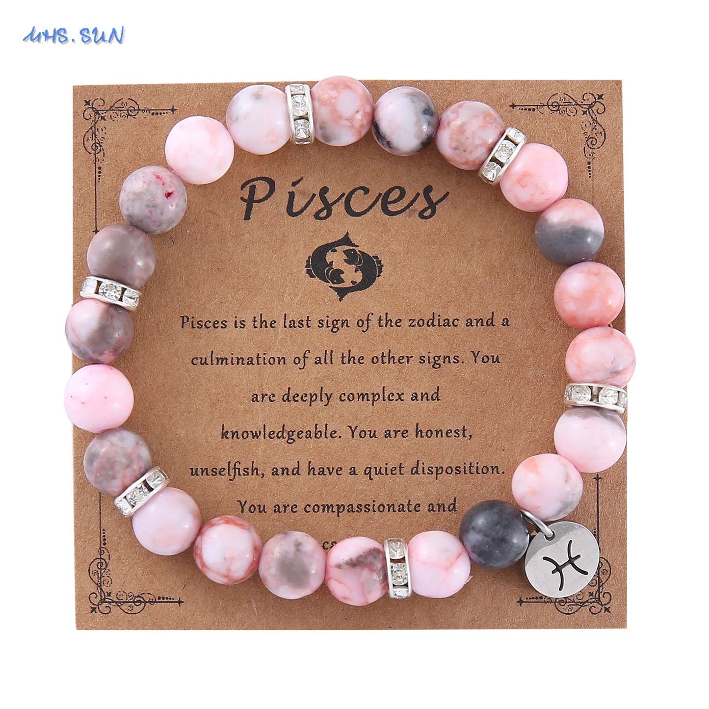 12 Zodiac Sign Pink Zebra Stone Beaded Bracelet with Zircon | Constellation Jewelry