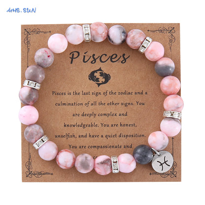 12 Zodiac Sign Pink Zebra Stone Beaded Bracelet with Zircon | Constellation Jewelry